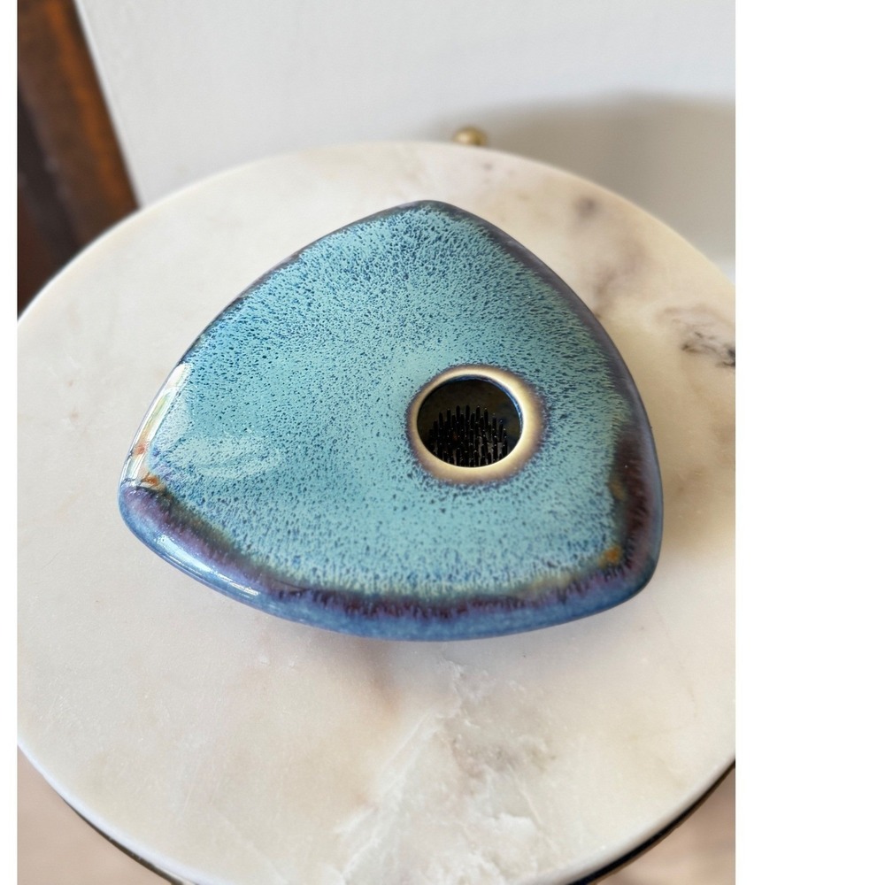 Georgetown Pottery Triangle Ikebana Vase Blue Glaze Flower Frog Porcelain Signed